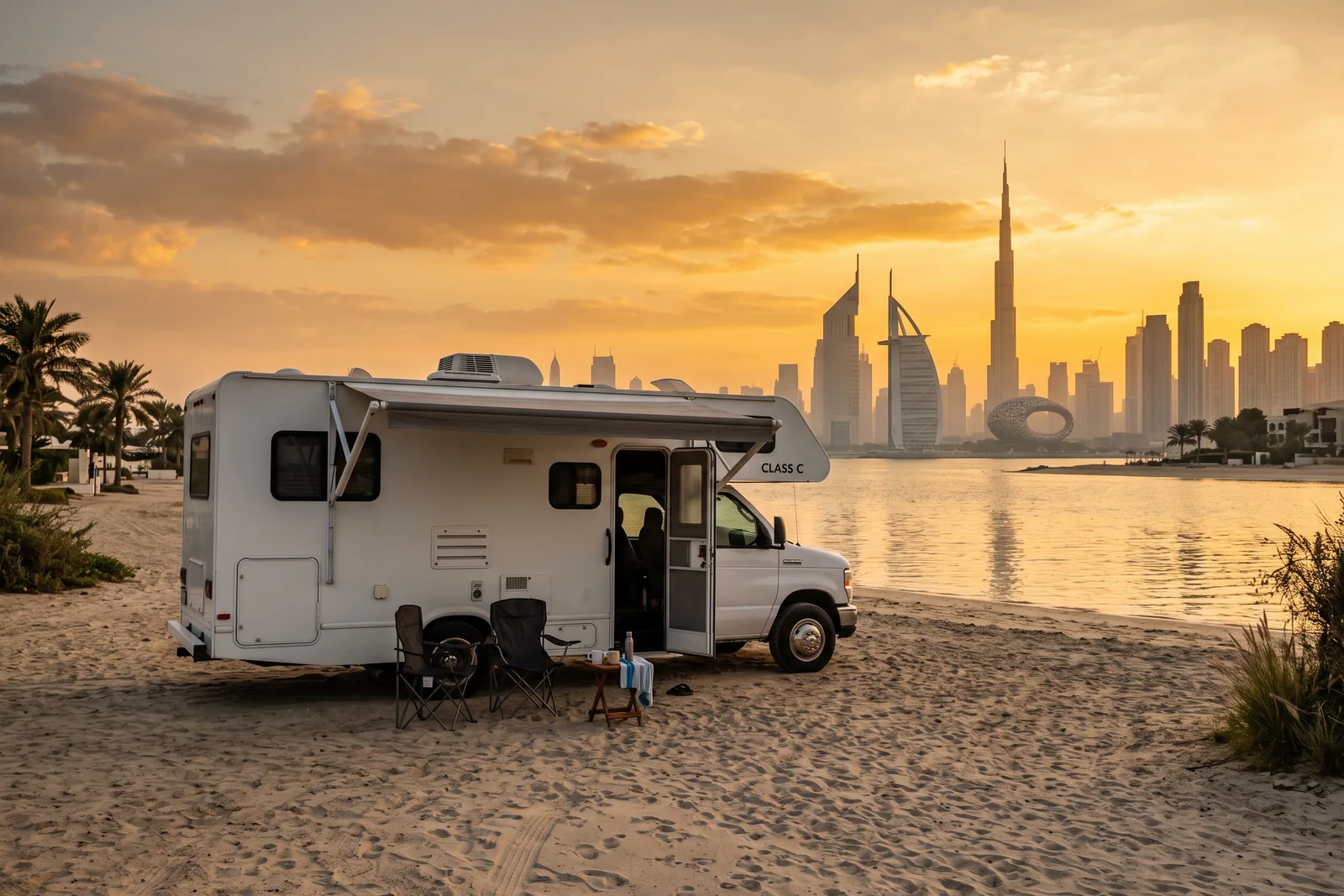 Thor Four Winds motorhome at a beach campsite
