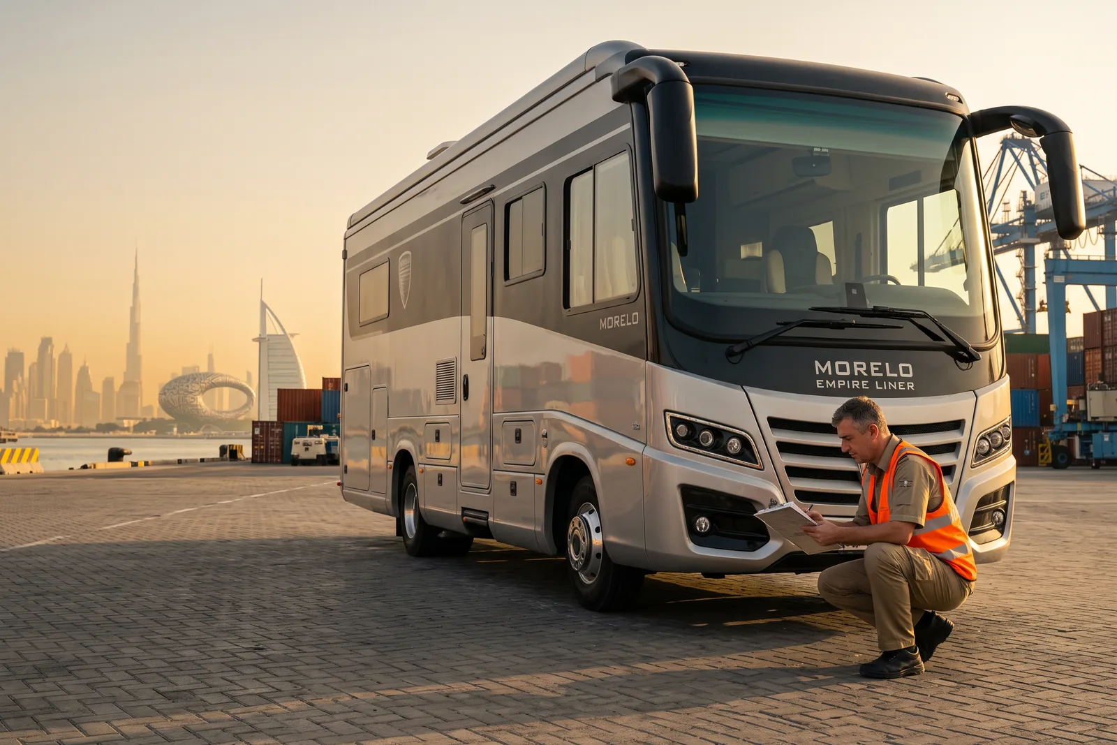 An imported motorhome being inspected on arrival in the UAE