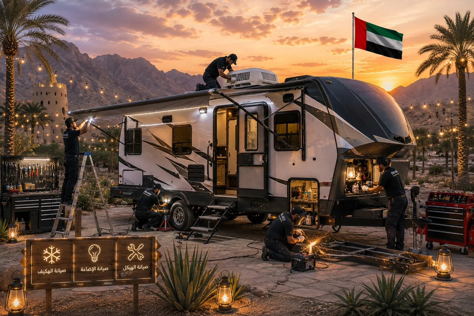A certified technician servicing a luxury RV in a professional workshop
