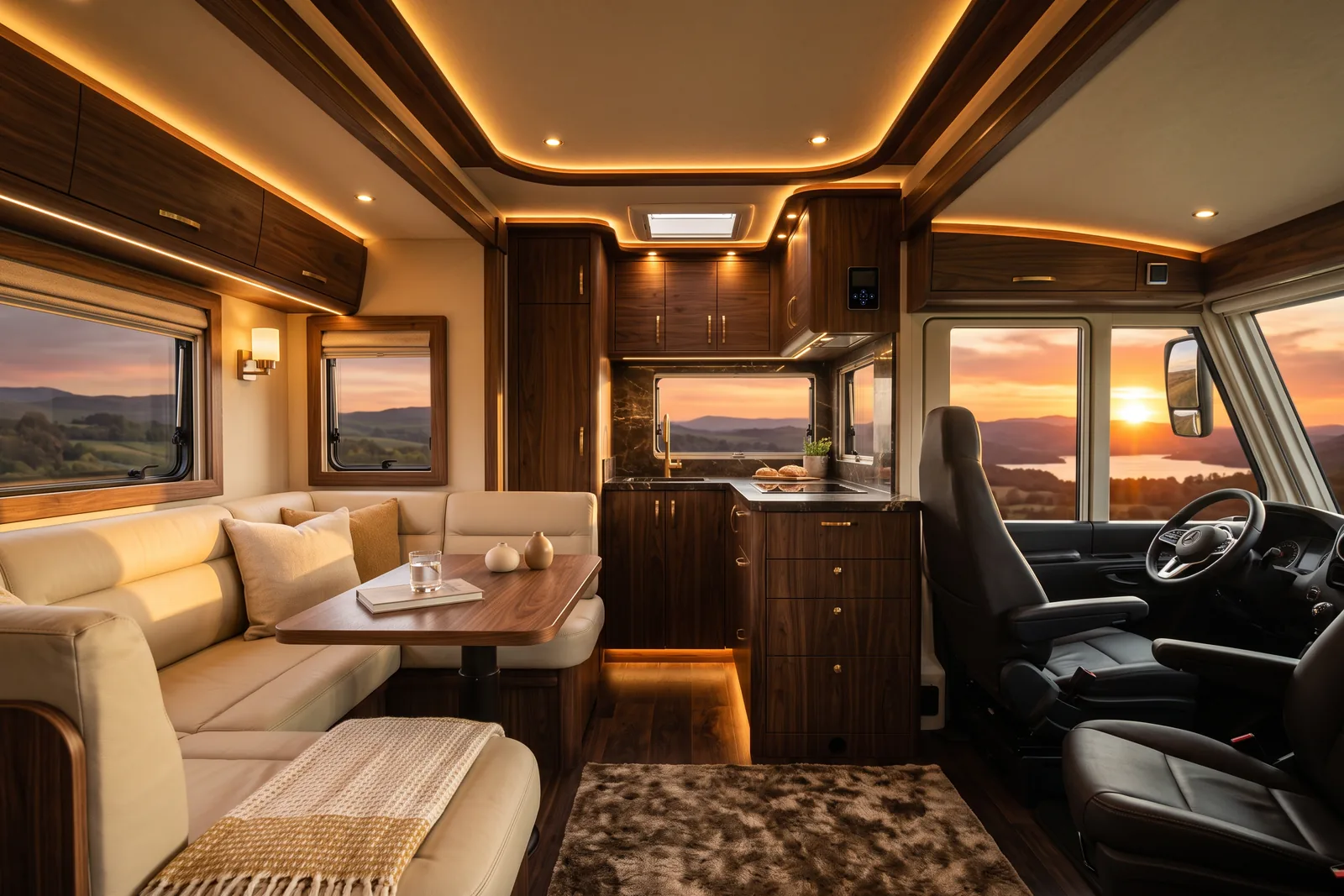 The interior of a modern luxury motorhome after a custom rebuild