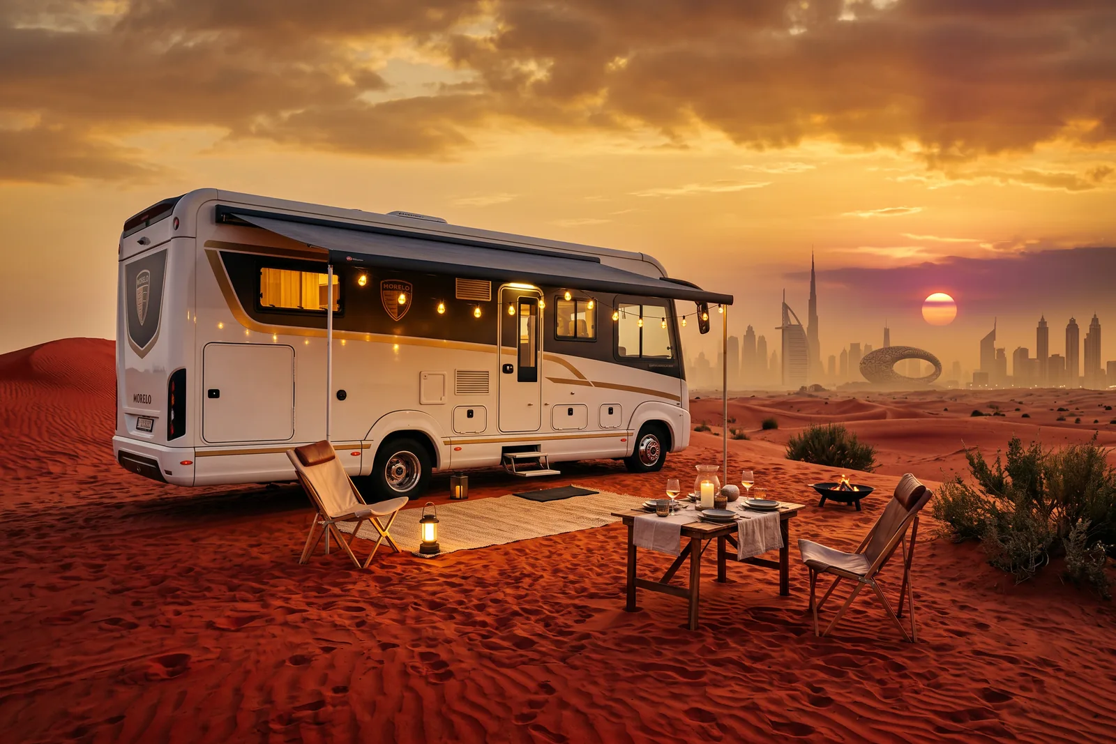 A luxury motorhome parked on a UAE desert dune at sunset