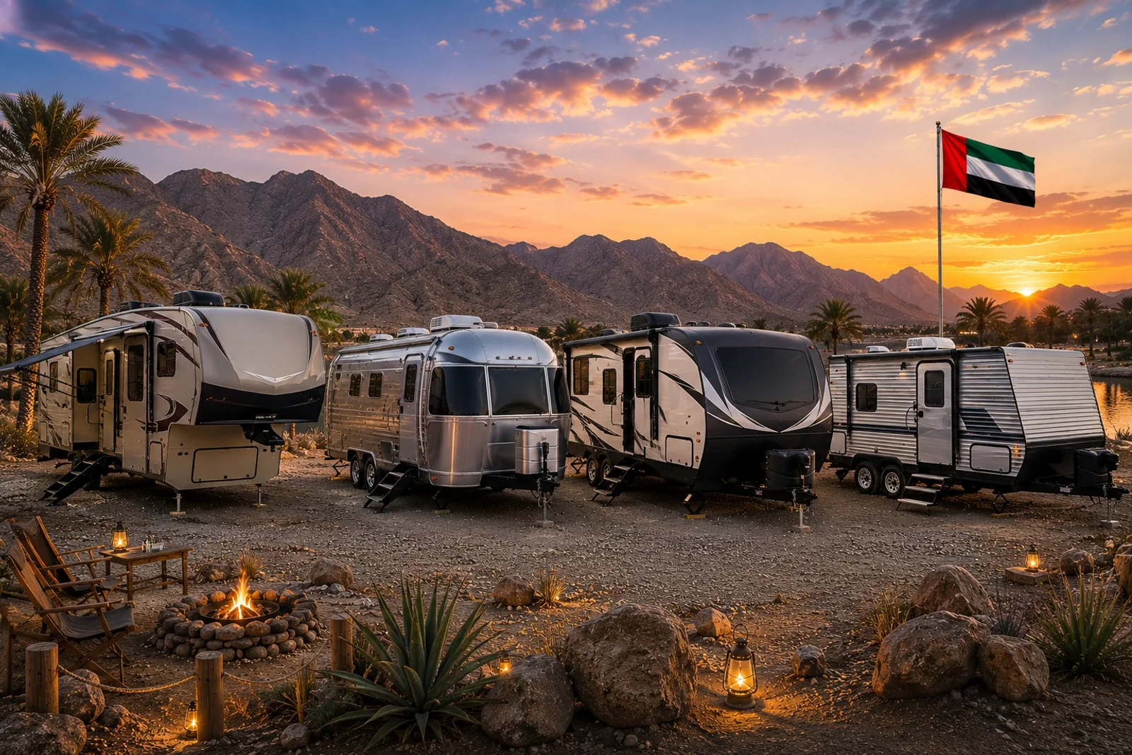 A line-up of caravans and motorhomes for sale at a mountain campsite at sunset