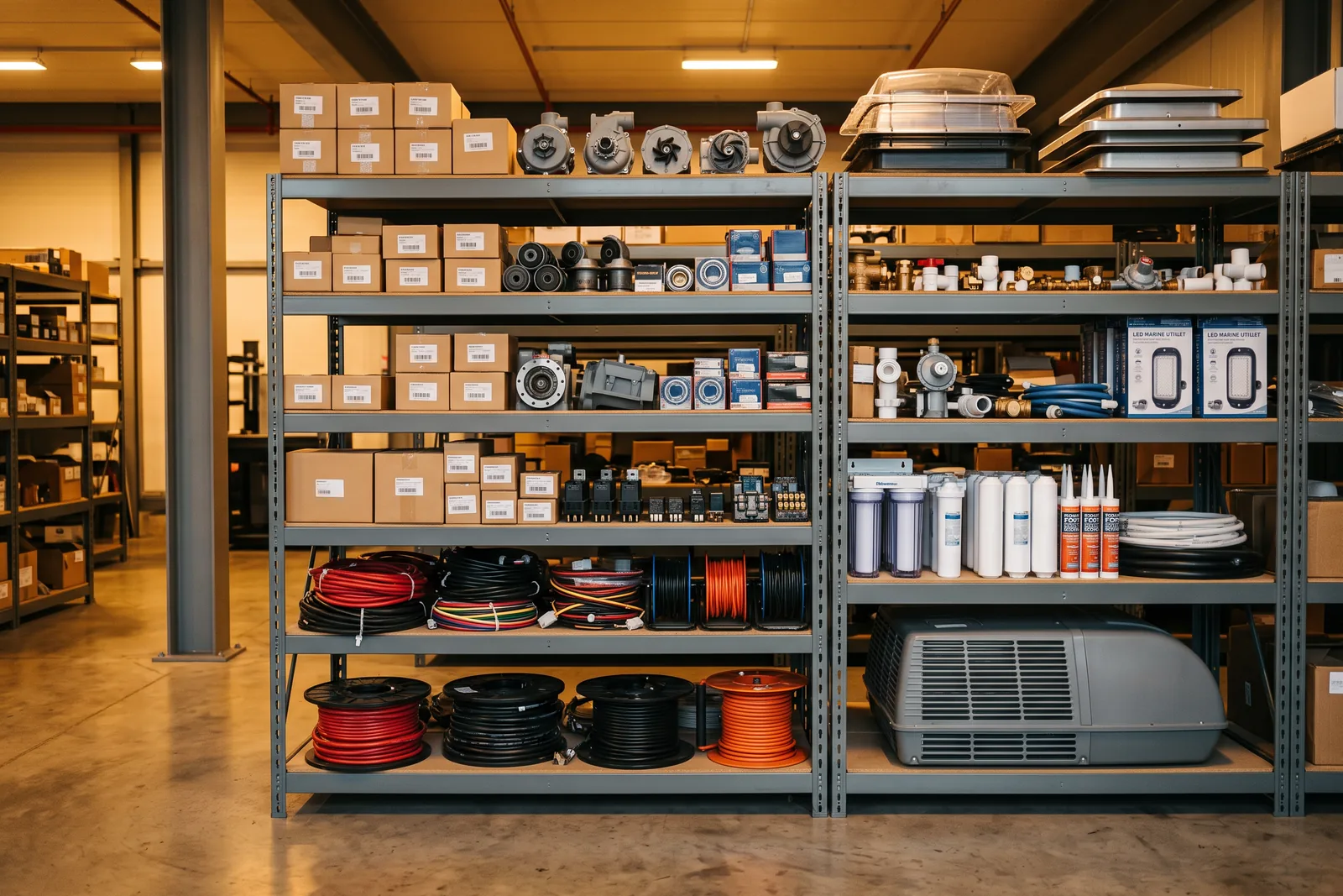 Genuine RV spare parts stocked on workshop shelving
